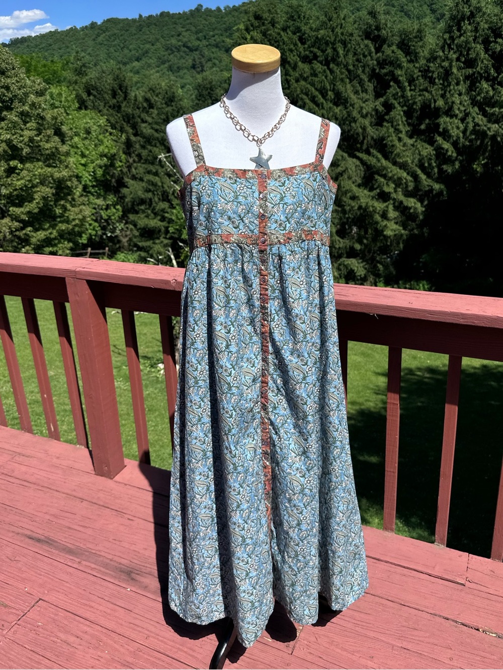 Natural Life Blue Paisley Floral Maxi Dress with Rust Trim